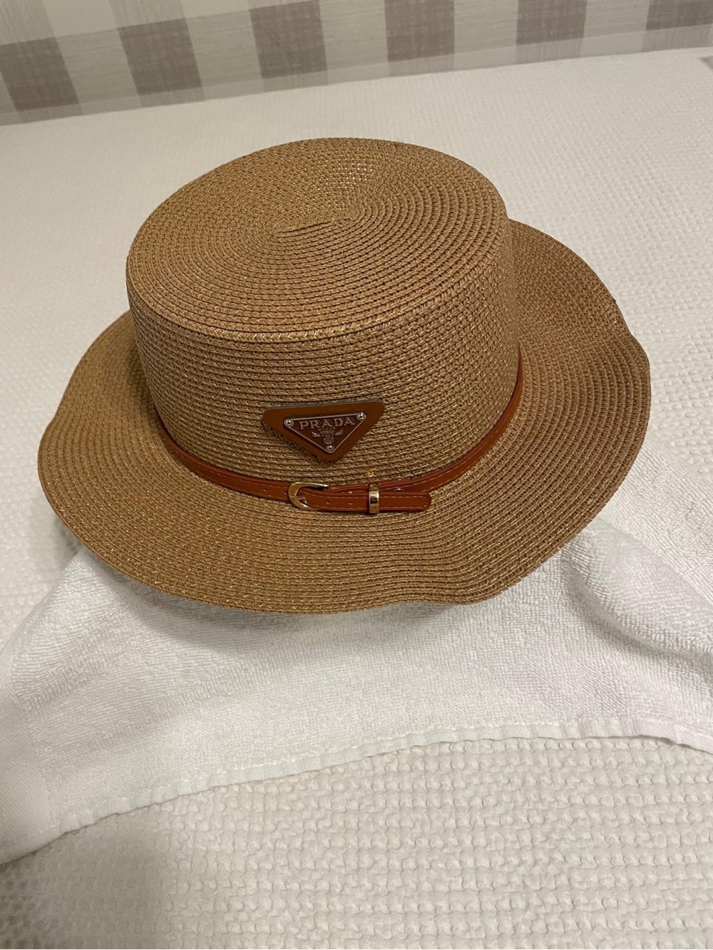 Prada Tan Straw Boater Hat with Leather Trim